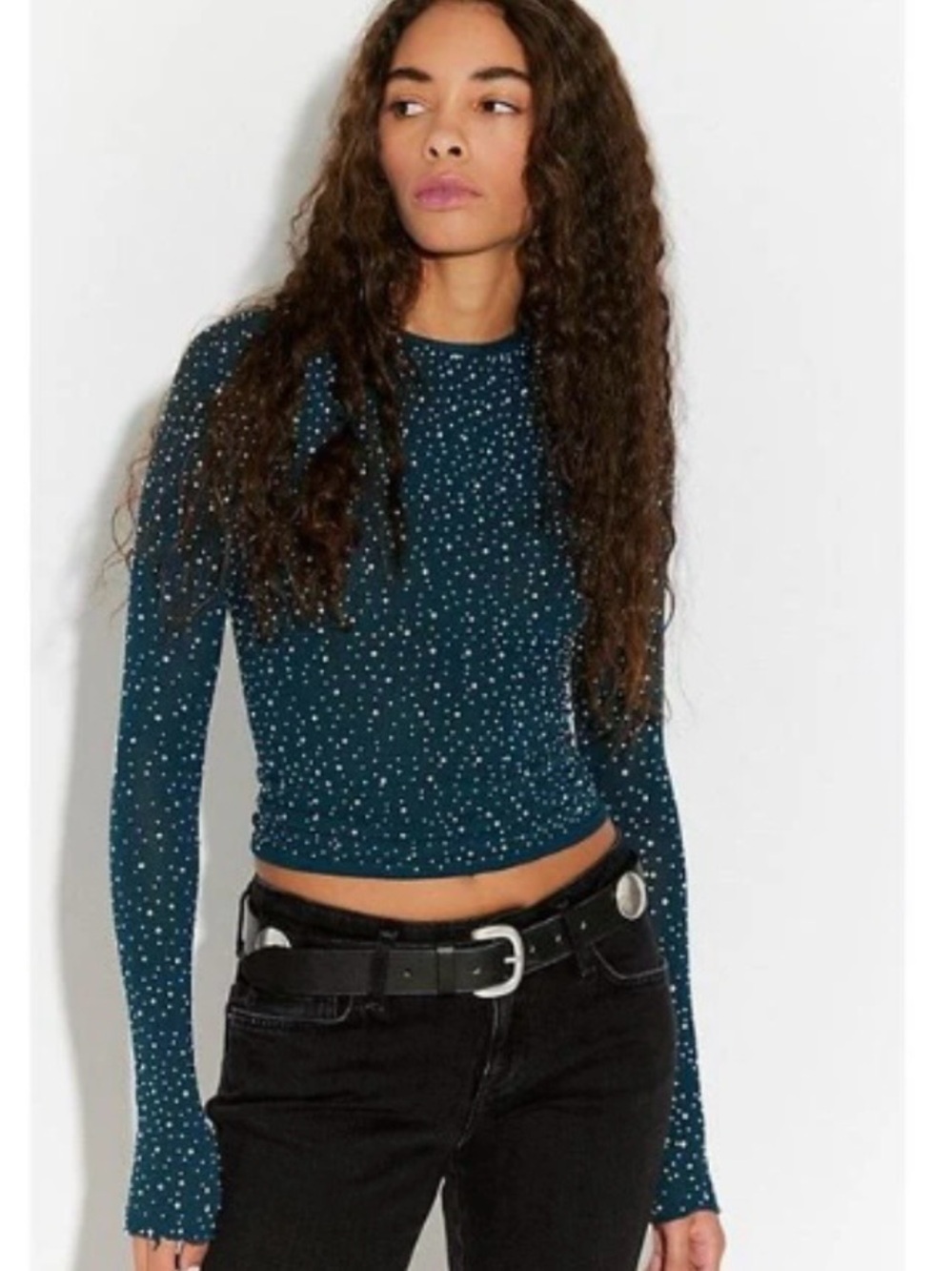 Free People night sky Teal Long-Sleeve Studded Crewneck Top